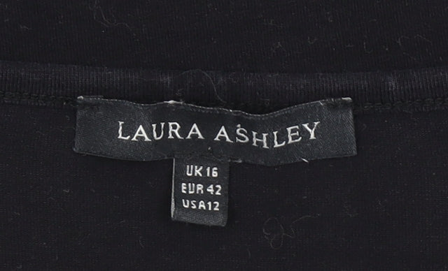 Laura Ashley Women Black Size 16 Square Neck Cotton Stretch T-Shirt