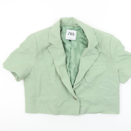 Zara Women's Green Cropped Short Sleeve Blazer M Linen Blend