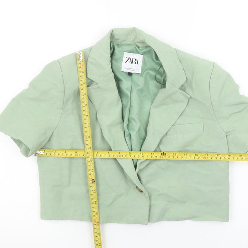 Zara Women's Green Cropped Short Sleeve Blazer M Linen Blend