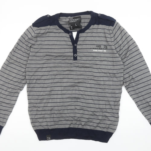 Next Men's Grey Striped Henley Cotton Jumper Size L Long Sleeve