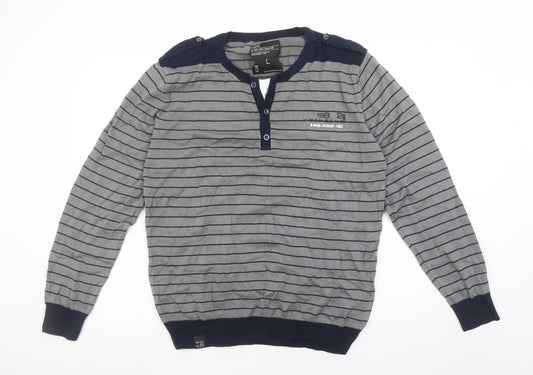 Next Men's Grey Striped Henley Cotton Jumper Size L Long Sleeve