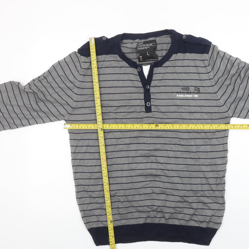 Next Men's Grey Striped Henley Cotton Jumper Size L Long Sleeve