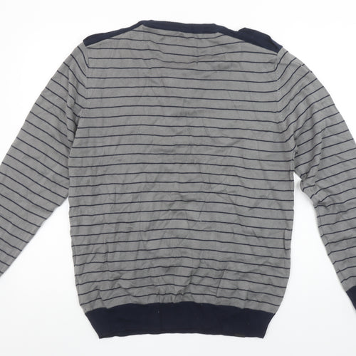 Next Men's Grey Striped Henley Cotton Jumper Size L Long Sleeve