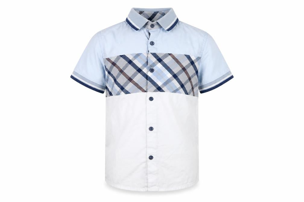 Front view of Next boys’ blue checked button-up short sleeve cotton shirt 6 years