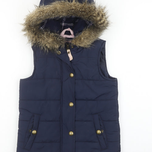 Joules Girls Blue Puffer Hooded Gilet 7-8 Years Faux Fur Trim Waistcoat