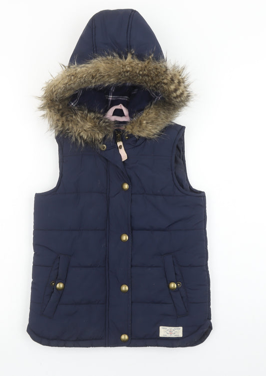 Joules Girls Blue Puffer Hooded Gilet 7-8 Years Faux Fur Trim Waistcoat