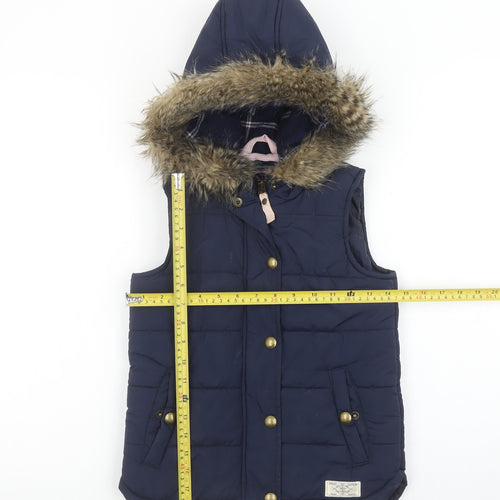 Joules Girls Blue Puffer Hooded Gilet 7-8 Years Faux Fur Trim Waistcoat