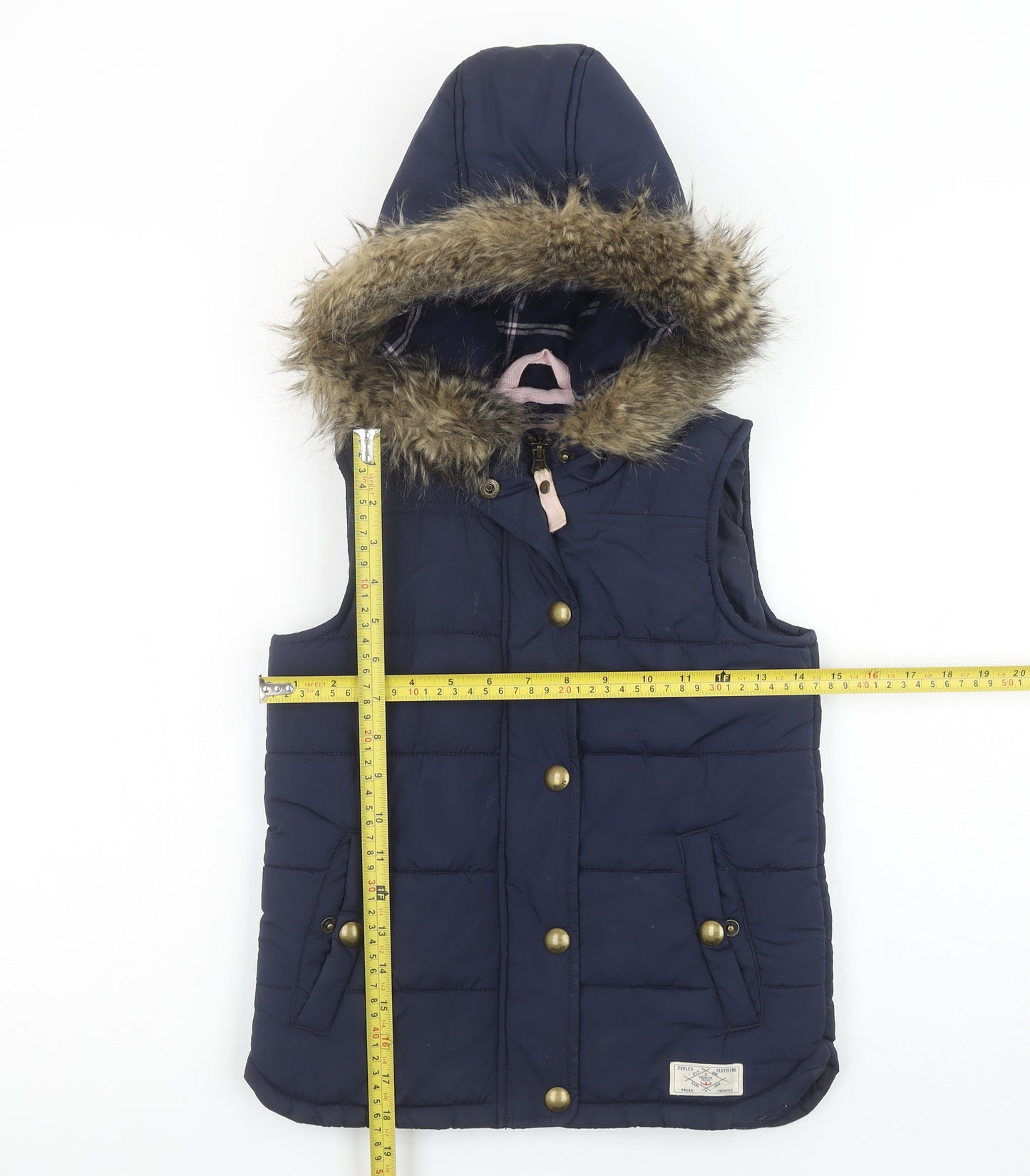 Joules Girls Blue Puffer Hooded Gilet 7-8 Years Faux Fur Trim Waistcoat