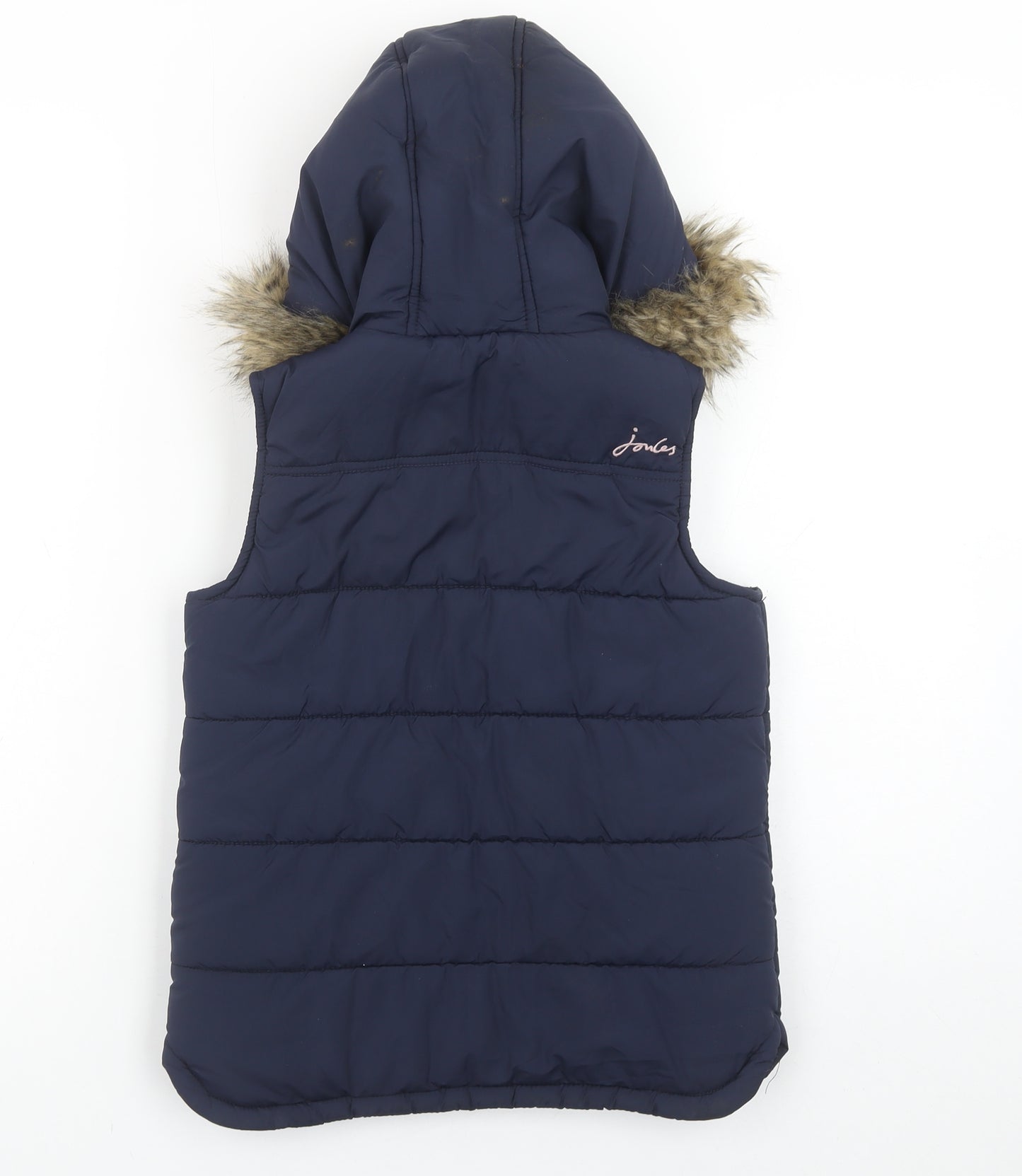 Joules Girls Blue Puffer Hooded Gilet 7-8 Years Faux Fur Trim Waistcoat