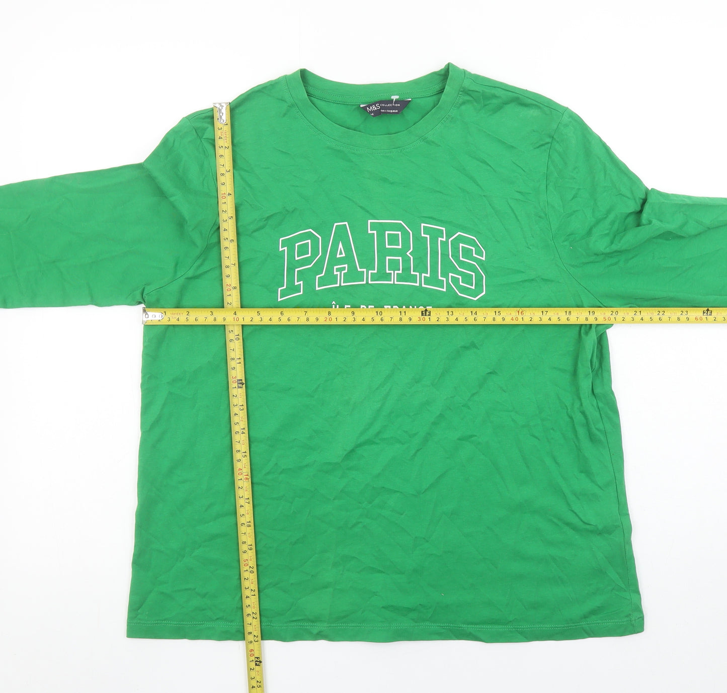 Marks and Spencer Women's Green Paris Long Sleeve Cotton T-Shirt Size 16