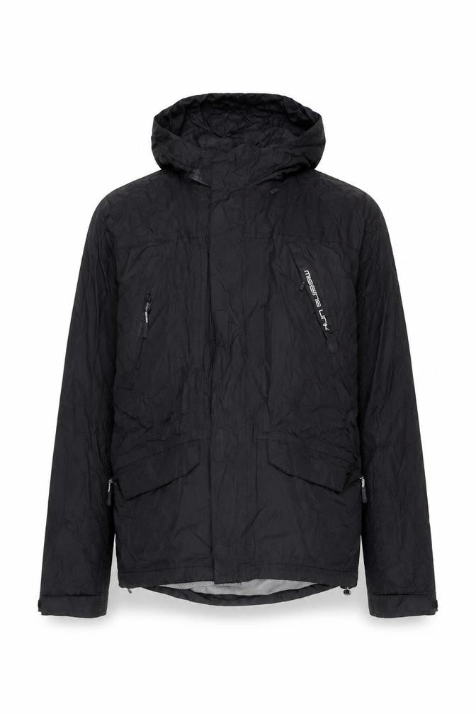 Front view of Missing Link unisex black s hooded windbreaker jacket