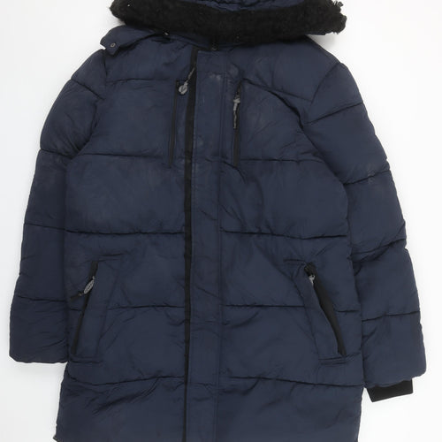 River Island Men's Blue M Long Puffer Hooded Winter Coat