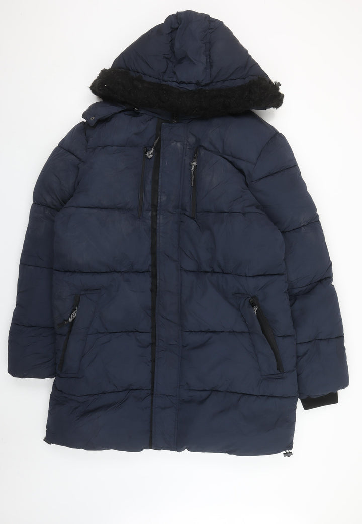 River Island Men's Blue M Long Puffer Hooded Winter Coat