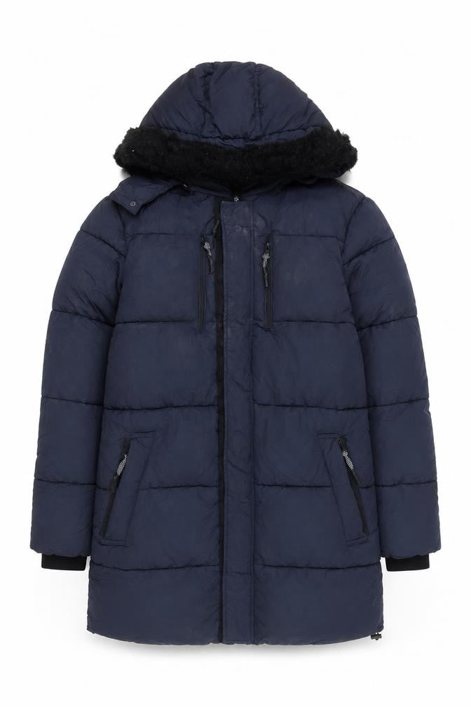 Front view of River Island Men's Blue M Long Puffer Hooded Winter Coat