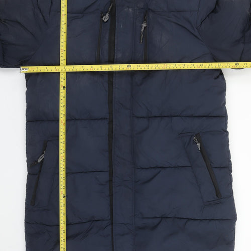 River Island Men's Blue M Long Puffer Hooded Winter Coat