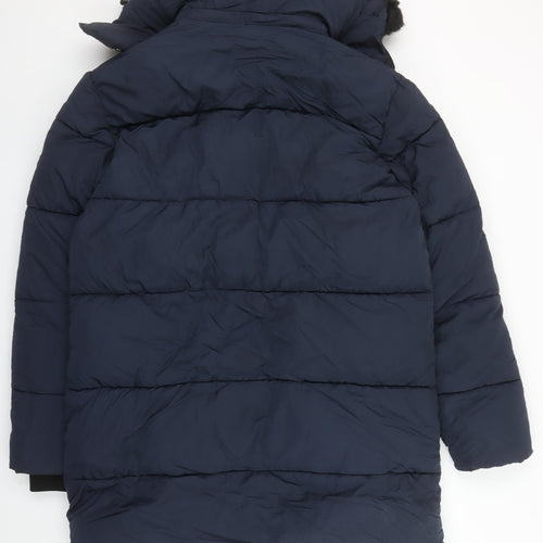 River Island Men's Blue M Long Puffer Hooded Winter Coat