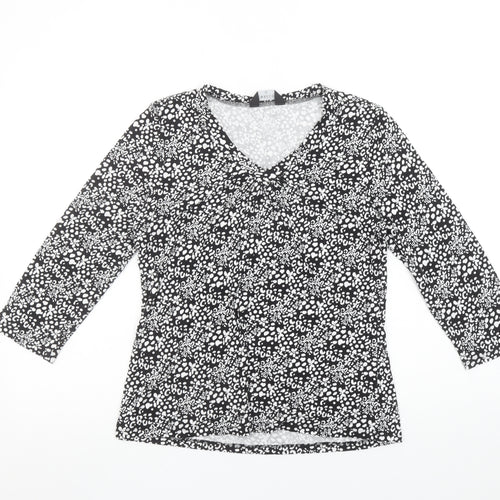 Emreco Womens Black Floral Viscose V-Neck 3/4 Sleeve Stretch Top Size 10