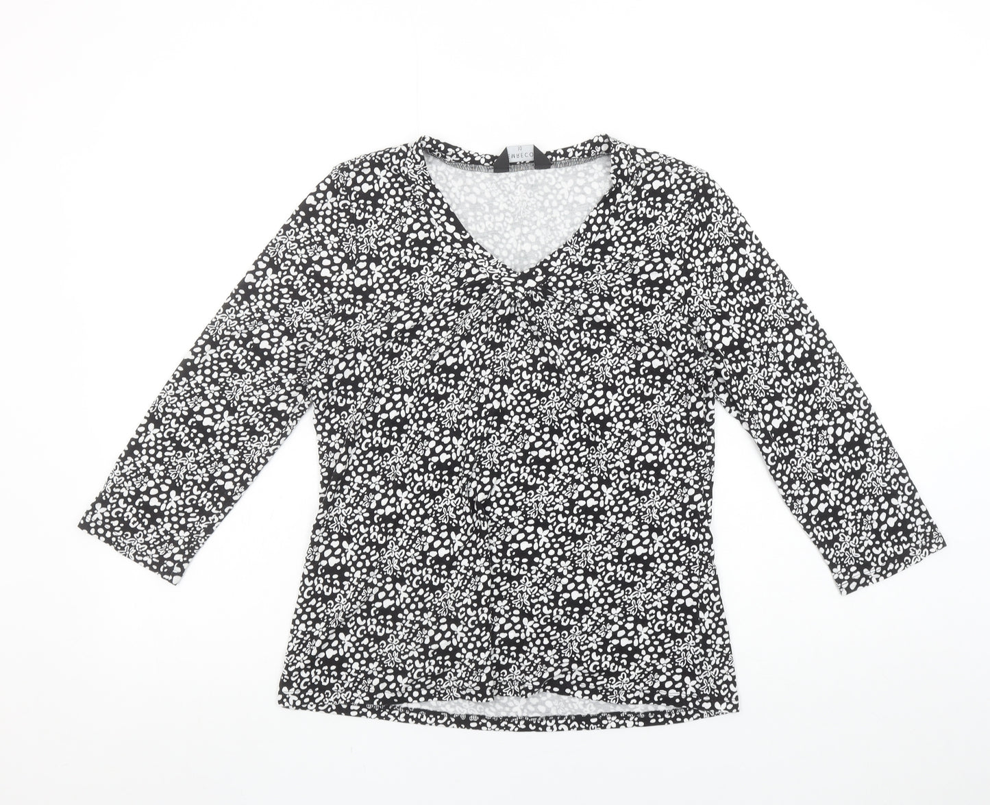 Emreco Womens Black Floral Viscose V-Neck 3/4 Sleeve Stretch Top Size 10