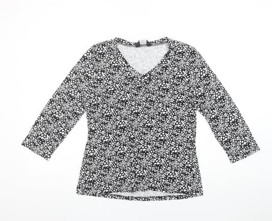 Emreco Womens Black Floral Viscose V-Neck 3/4 Sleeve Stretch Top Size 10