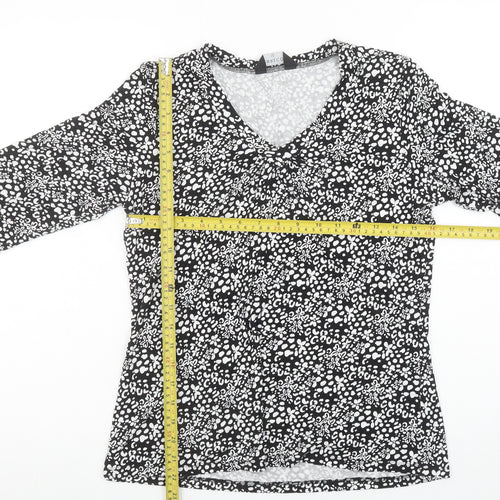 Emreco Womens Black Floral Viscose V-Neck 3/4 Sleeve Stretch Top Size 10