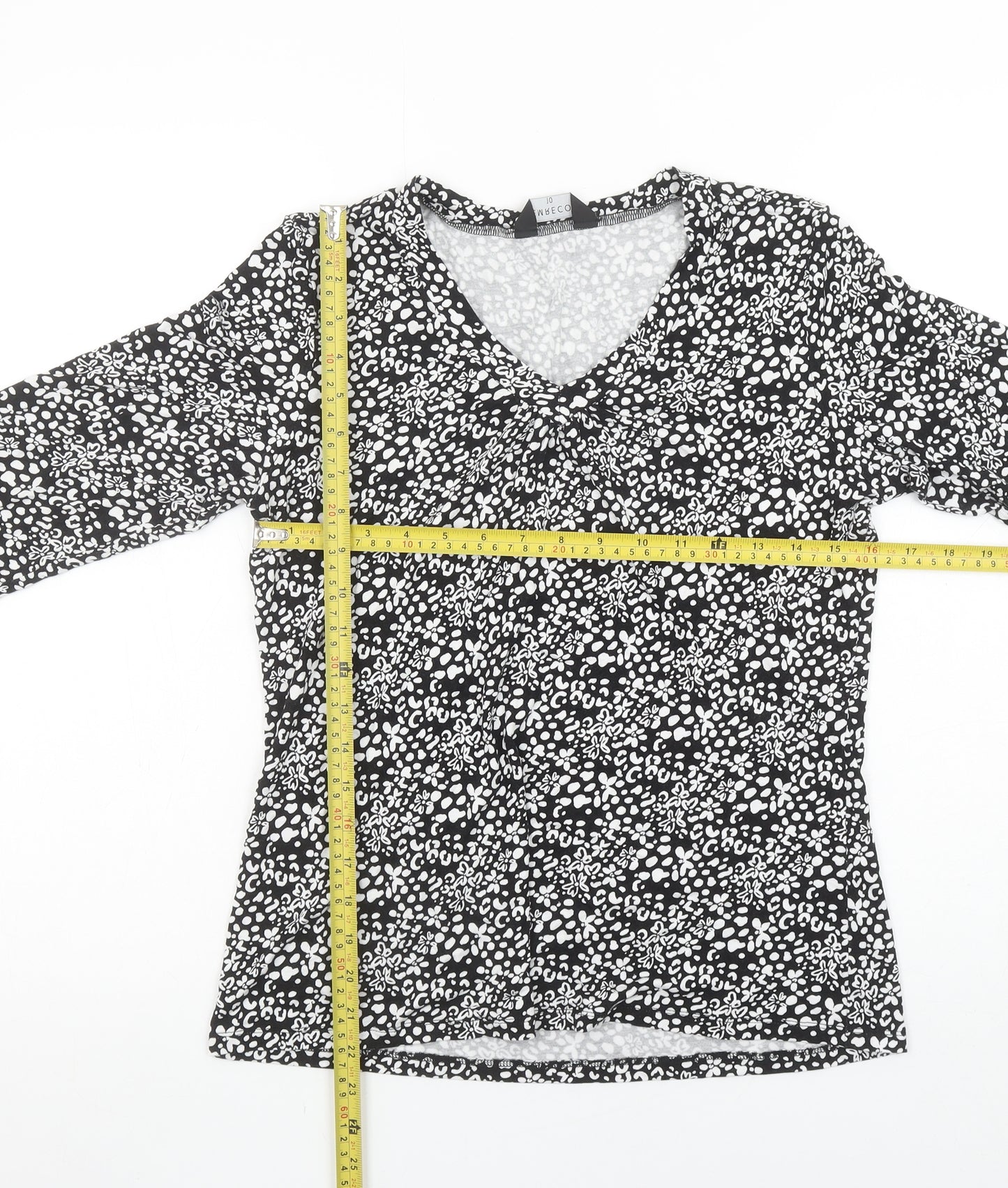 Emreco Womens Black Floral Viscose V-Neck 3/4 Sleeve Stretch Top Size 10