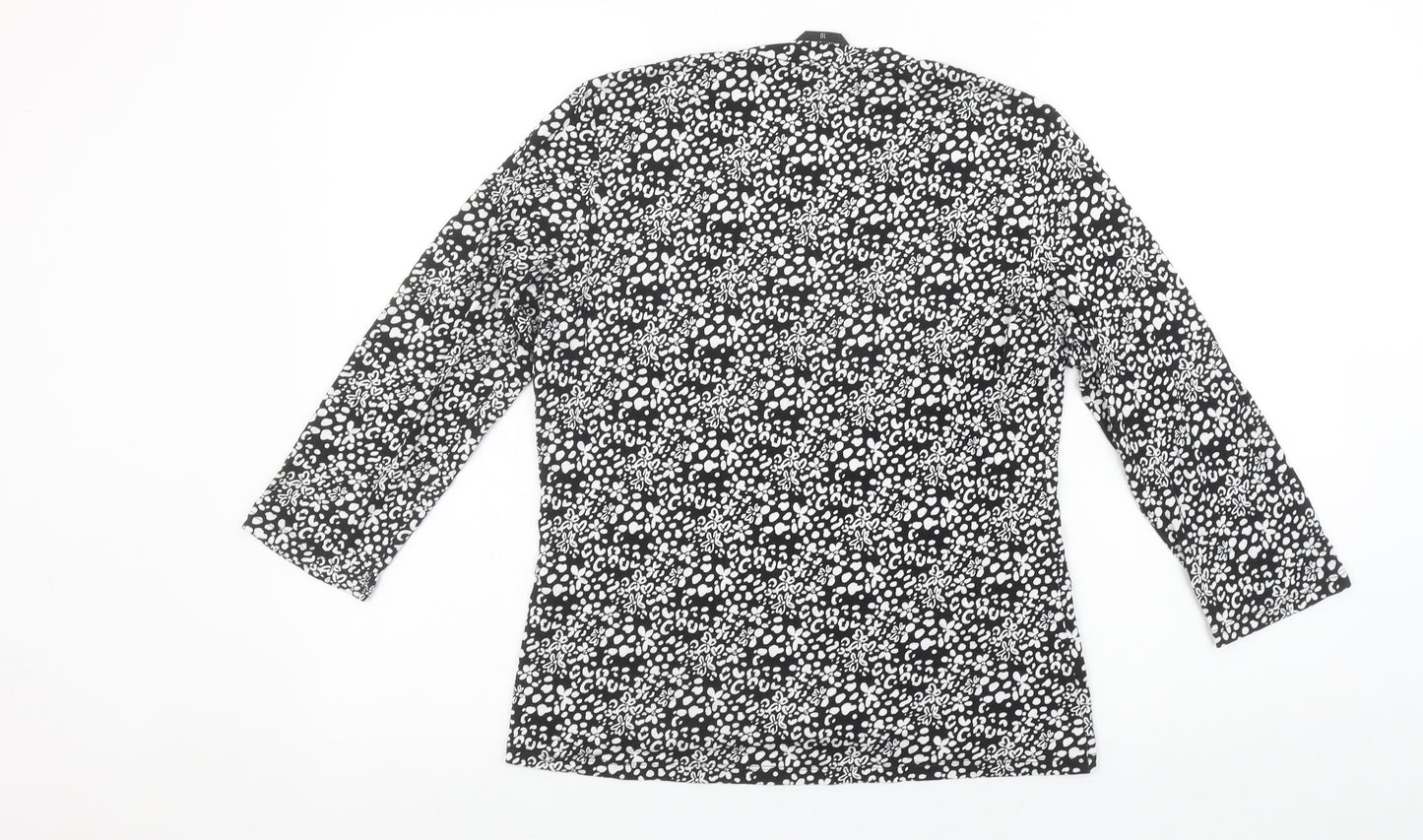 Emreco Womens Black Floral Viscose V-Neck 3/4 Sleeve Stretch Top Size 10