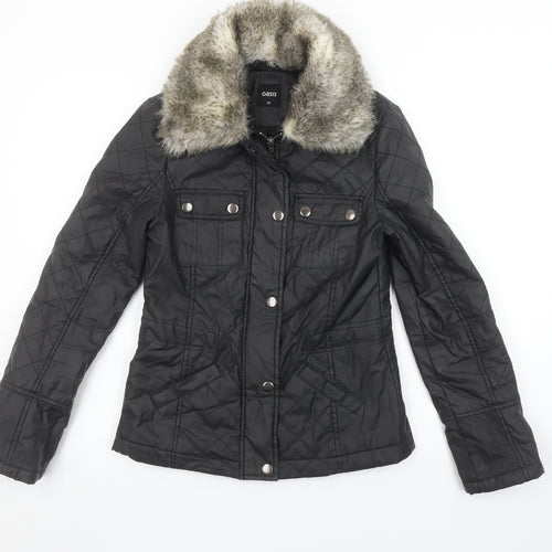 Oasis Women's Black Quilted Faux Fur Collar Jacket XS
