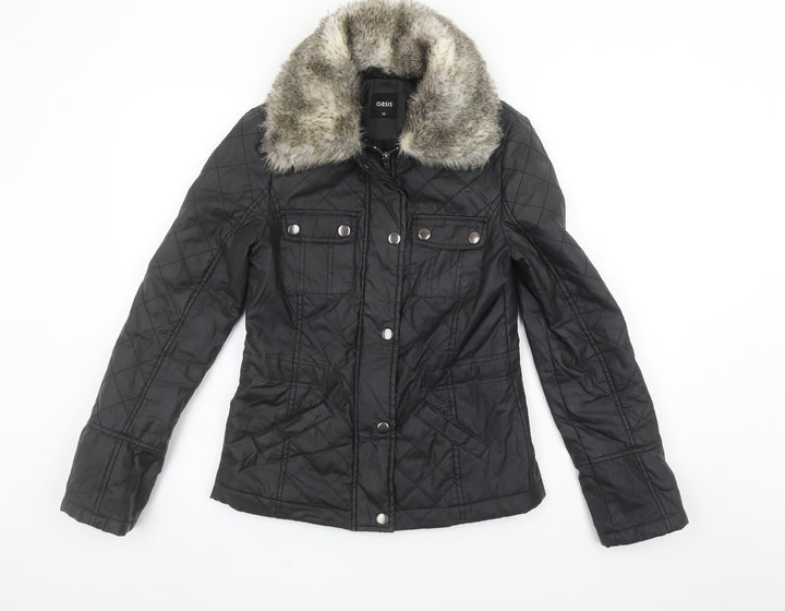 Oasis Women's Black Quilted Faux Fur Collar Jacket XS