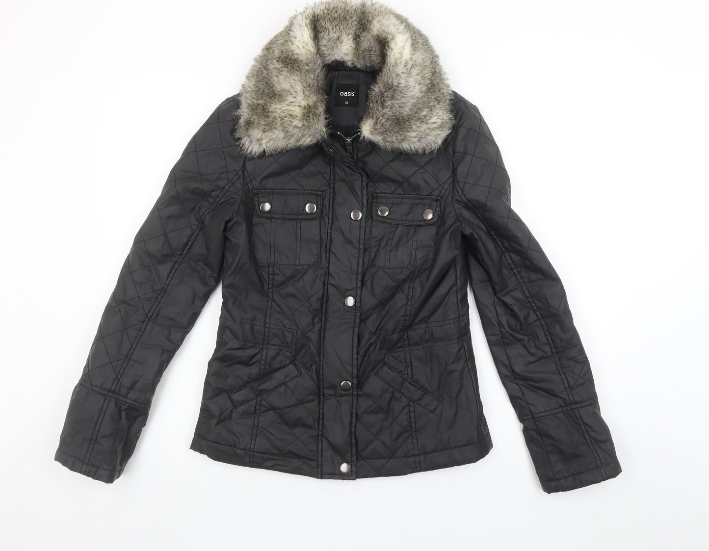 Oasis Women's Black Quilted Faux Fur Collar Jacket XS