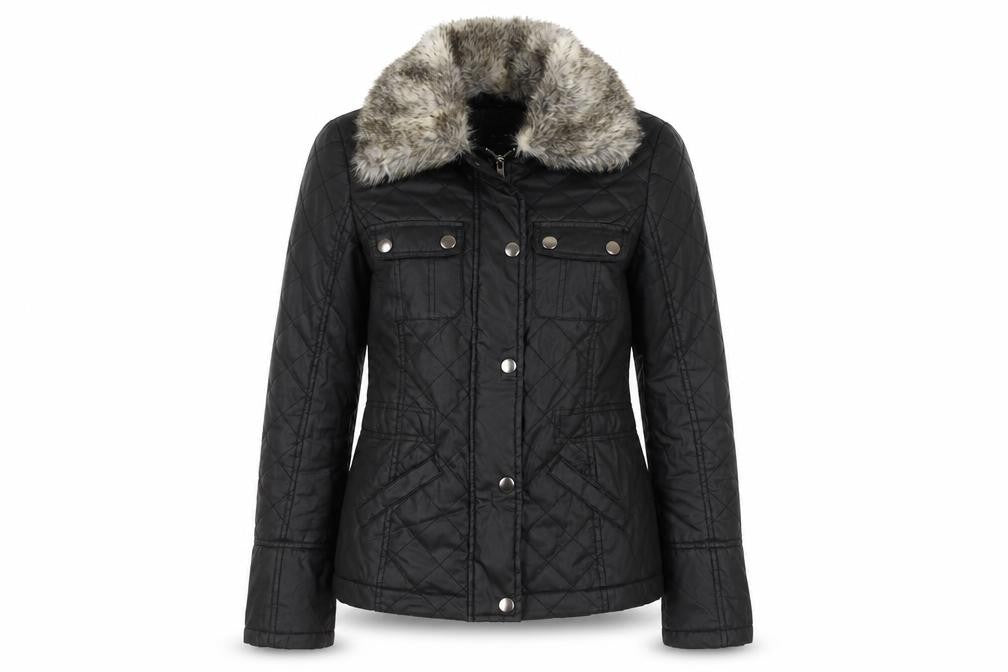 Oasis Women's Black Quilted Faux Fur Collar Jacket XS
