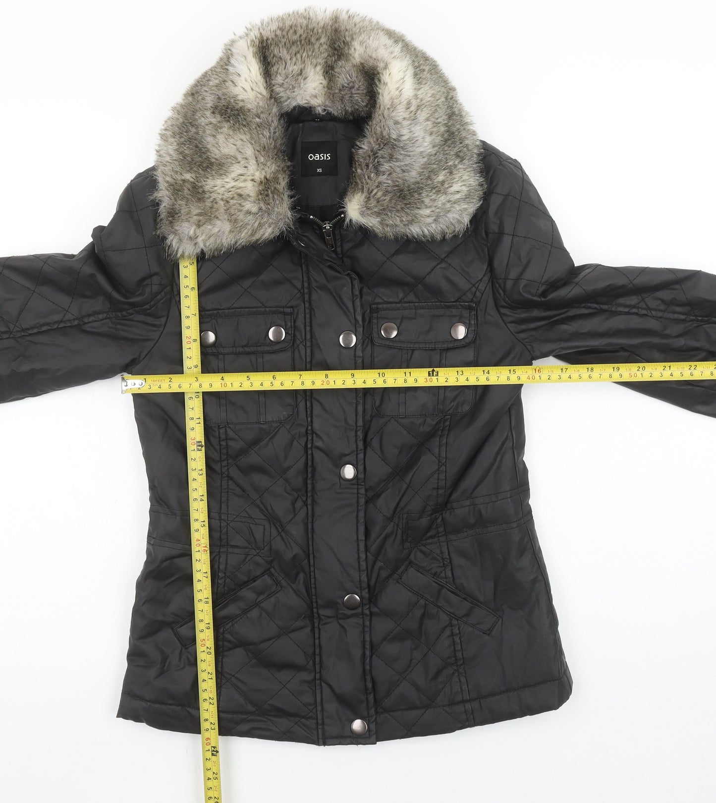 Oasis Women's Black Quilted Faux Fur Collar Jacket XS