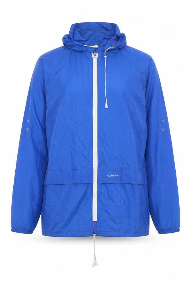 Front view of Monsoon Men's Blue Waterproof Hooded Rain Jacket, size S