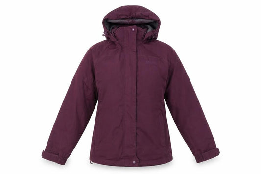 Front view of Hi Gear women’s purple waterproof hooded parka jacket, size UK 12
