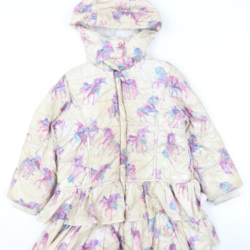 Monsoon Girls Beige Unicorn Puffer Coat 7-8 Years Hooded Winter Jacket