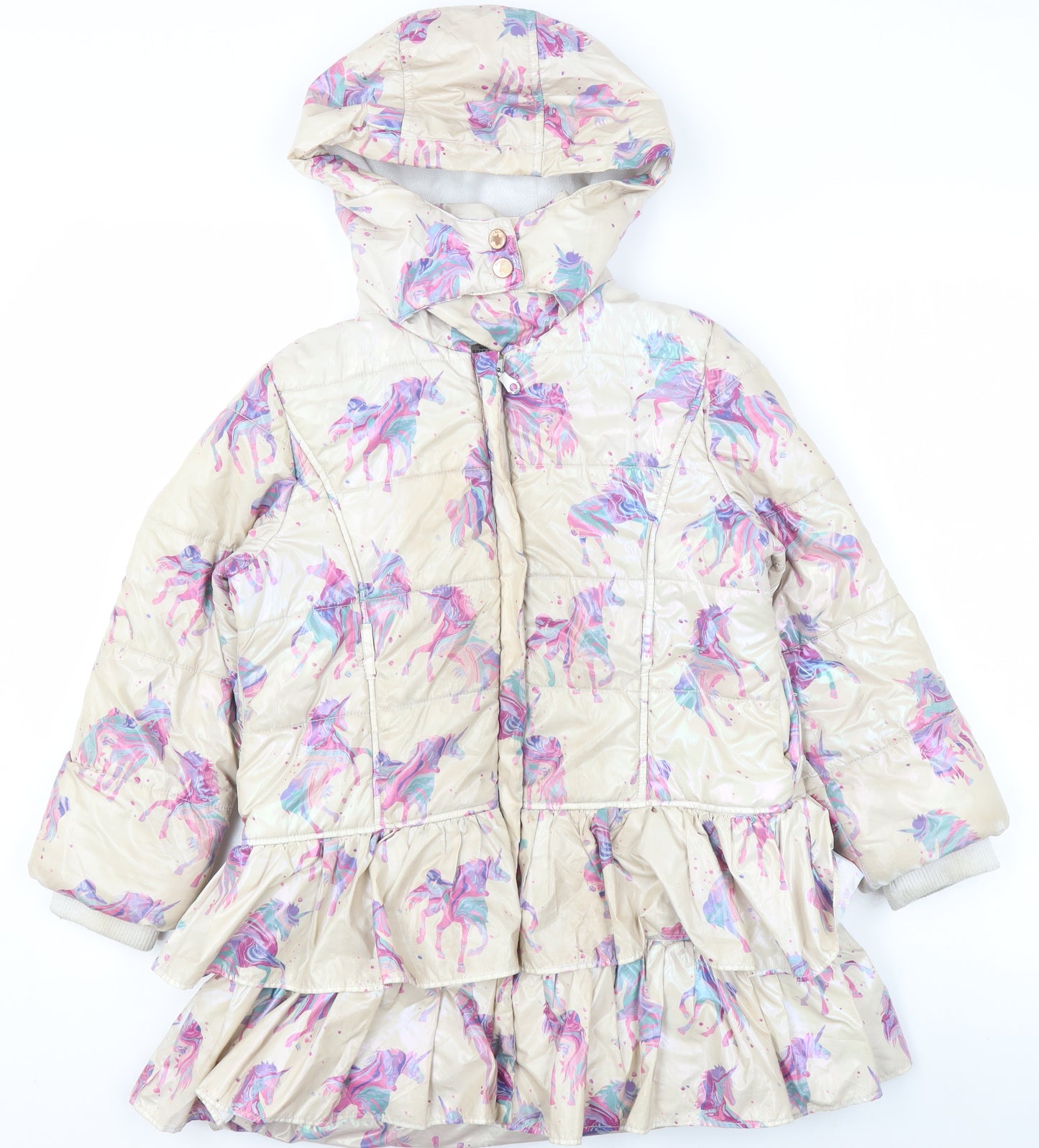 Monsoon Girls Beige Unicorn Puffer Coat 7-8 Years Hooded Winter Jacket