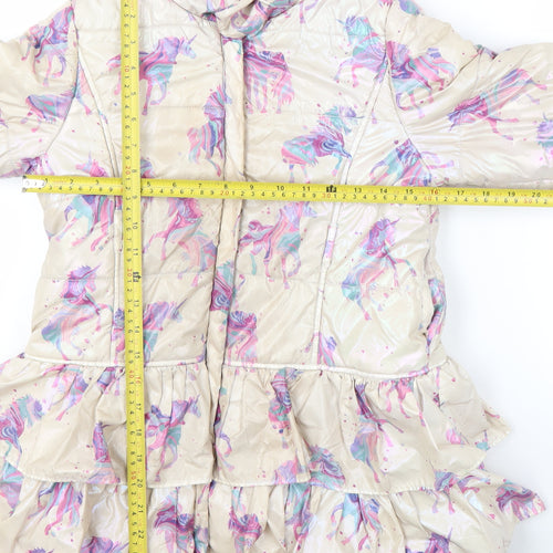 Monsoon Girls Beige Unicorn Puffer Coat 7-8 Years Hooded Winter Jacket