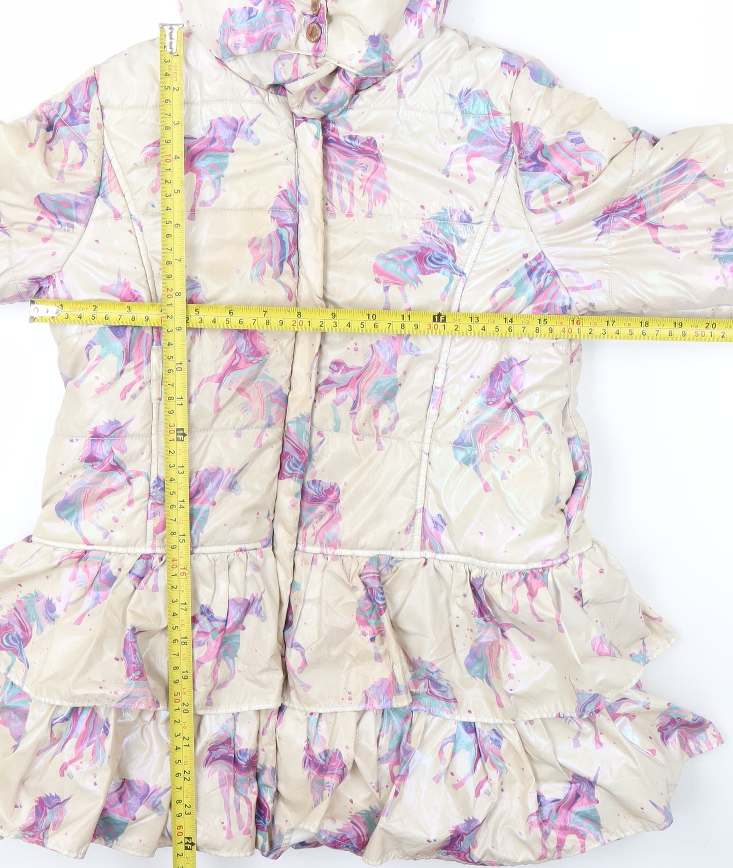 Monsoon Girls Beige Unicorn Puffer Coat 7-8 Years Hooded Winter Jacket