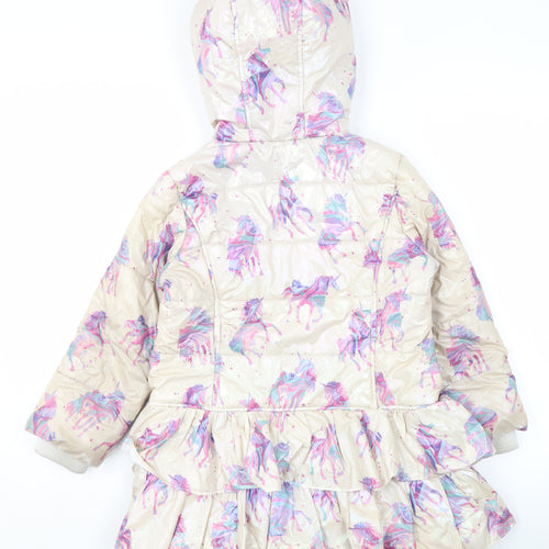 Monsoon Girls Beige Unicorn Puffer Coat 7-8 Years Hooded Winter Jacket