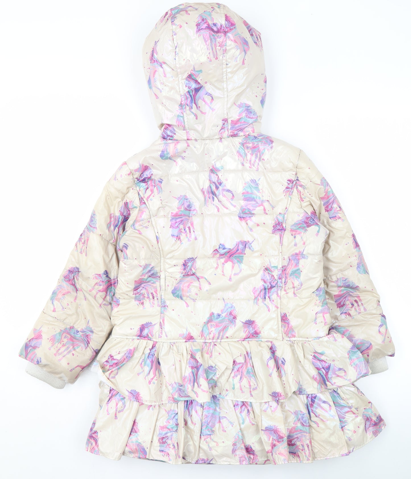 Monsoon Girls Beige Unicorn Puffer Coat 7-8 Years Hooded Winter Jacket