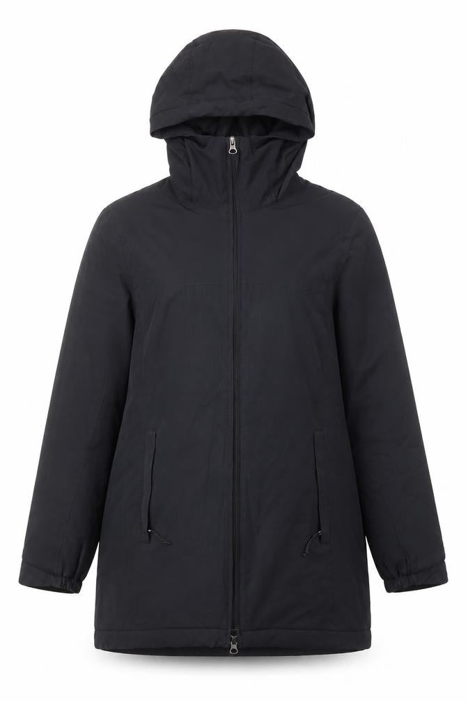 Front view of Karrimor women’s black long hooded parka coat, size UK 10