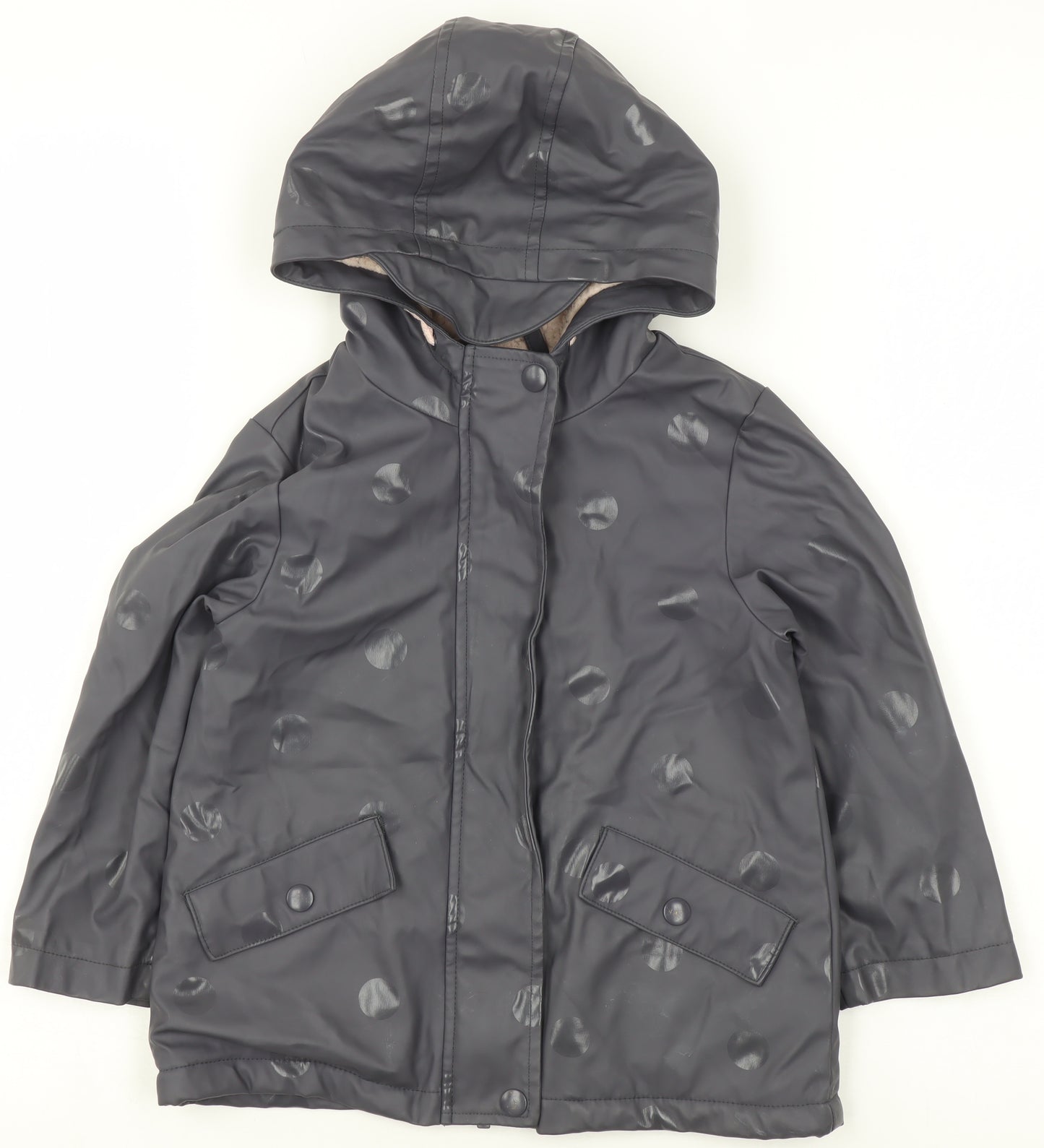 George Girls Grey Polka Dot Hooded Rain Coat 3-4 Years Waterproof Lined Jacket