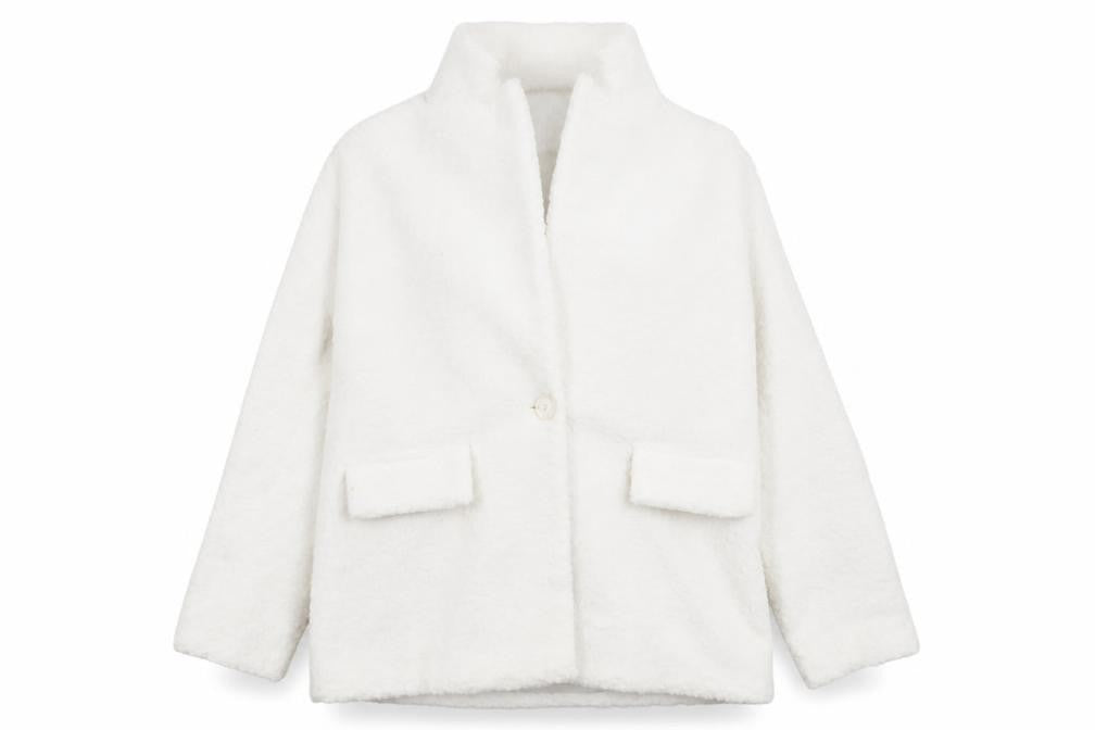 Front view of PRETTYLITTLETHING Women’s White Polyester Mid-Length Coat, size UK 4
