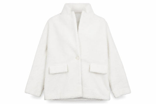 Front view of PRETTYLITTLETHING Women’s White Polyester Mid-Length Coat, size UK 4