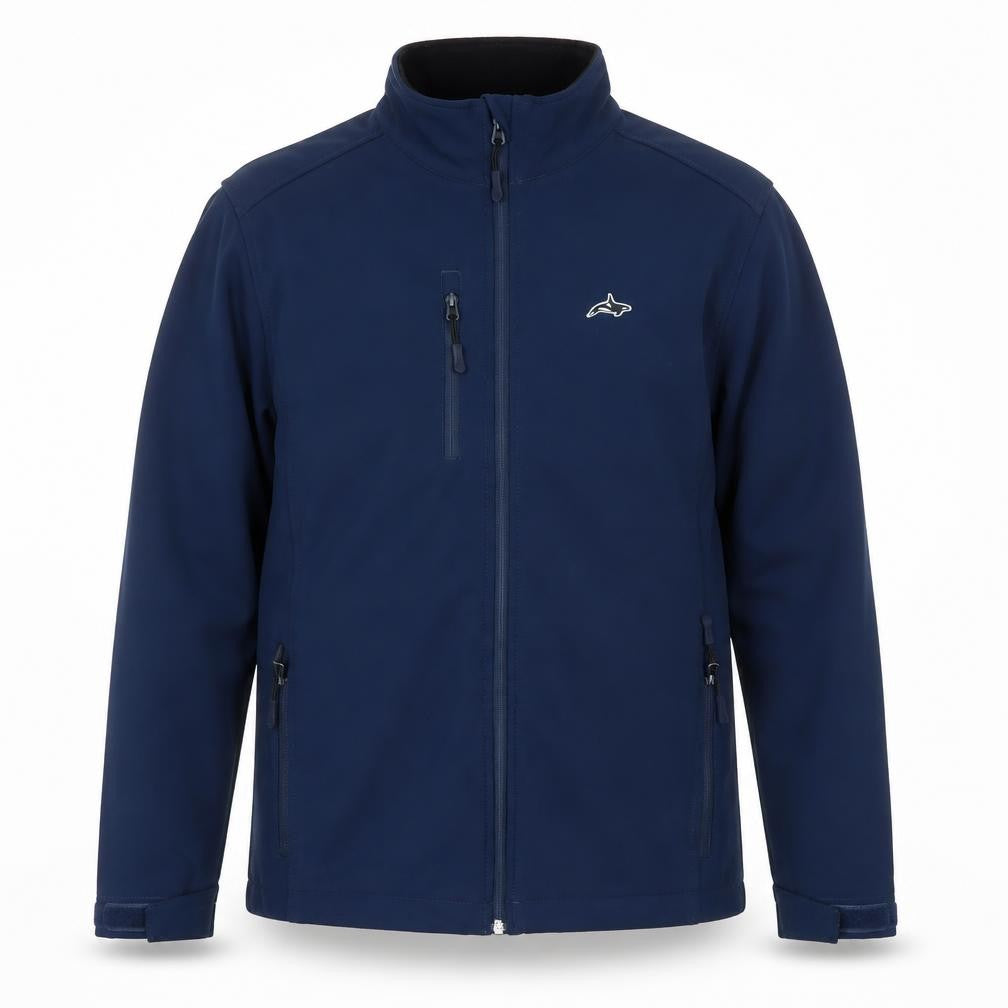 Front view of Killer Whale Men's Blue Softshell Jacket M Water Resistant Outdoor Zip