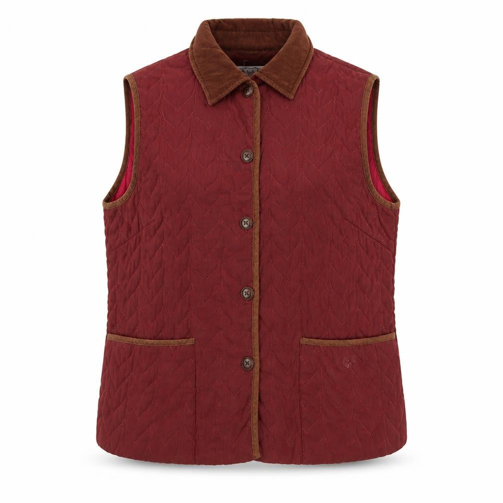 Front view of Deluxe Women Red Quilted Polyester Waistcoat 2XL Collared Lined