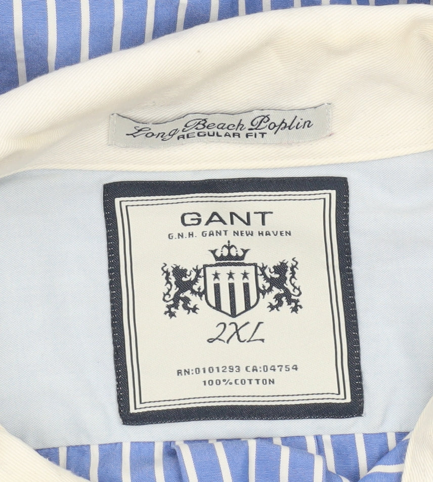 Gant Men’s Blue Striped Cotton Regular Fit 2XL Long Sleeve Dress Shirt