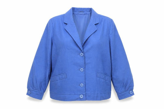 Front view of Pitlochry women’s blue wool blazer jacket, size UK 7, classic style