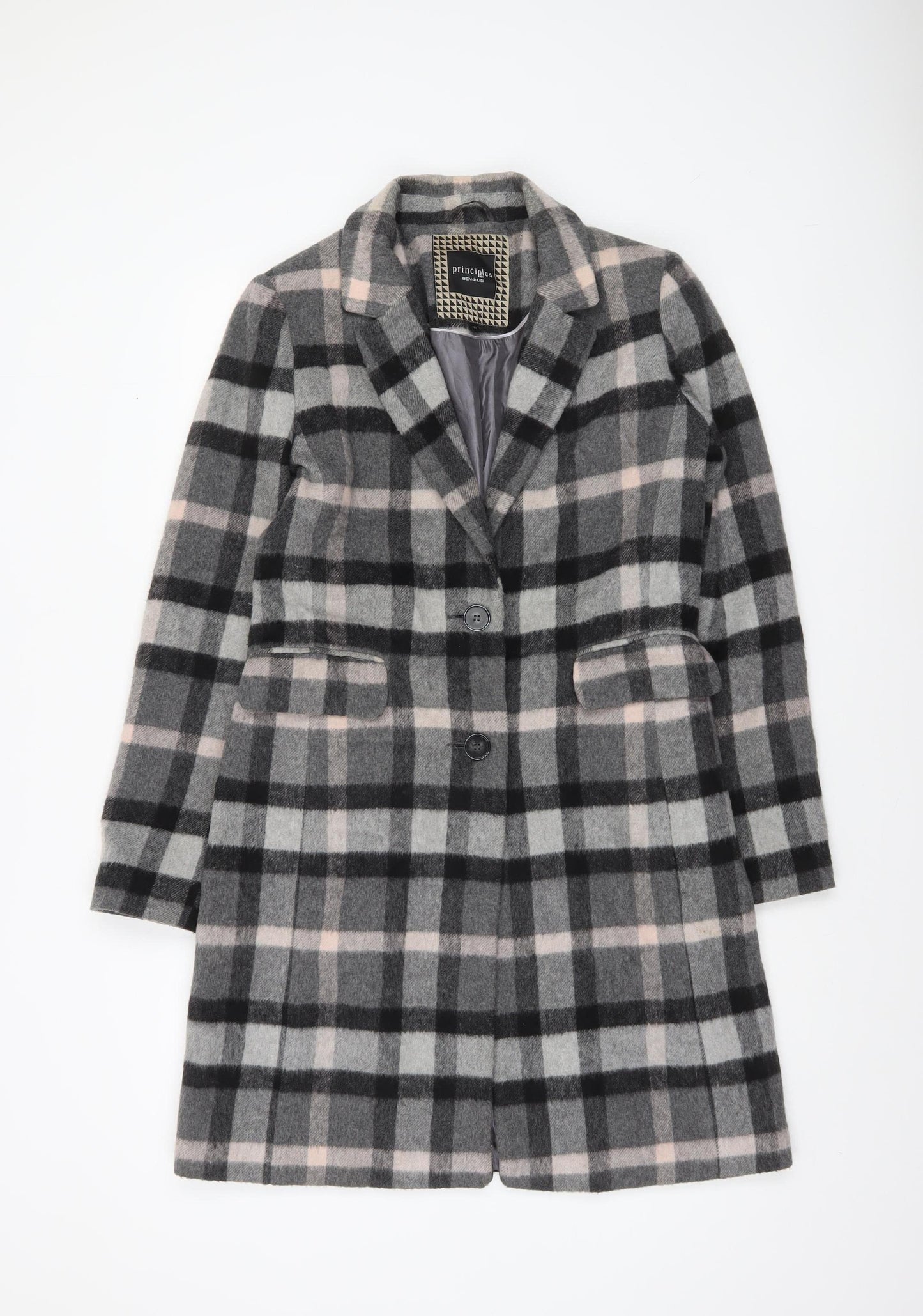 Principles by Ben de Lisi Women's Grey Checked Wool Blend Mid-Length Coat Size 10