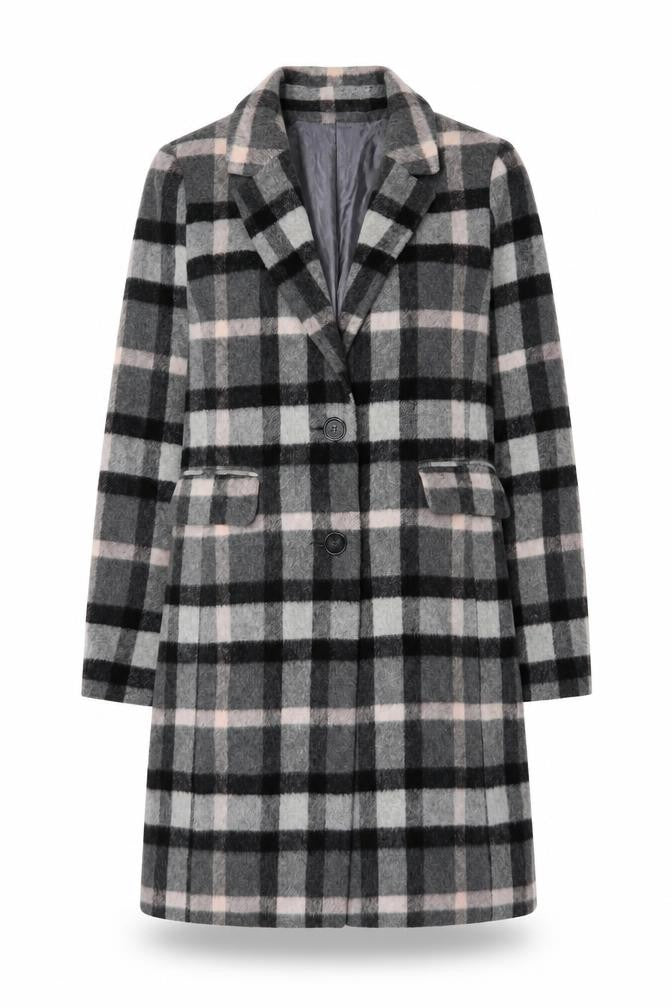 Front view of Principles by Ben de Lisi Women's Grey Checked Wool Blend Mid-Length Coat, size 10