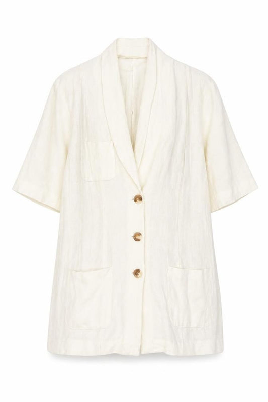 Front view of Wallis women’s ivory linen blend short sleeve shawl collar suit jacket, size UK 12
